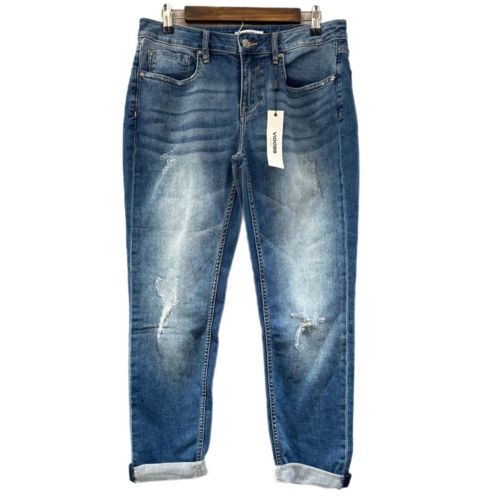VIGOSS Women’s 31 Thompson Tomboy Stretch Cuff Medium Wash Distressed Jeans NEW